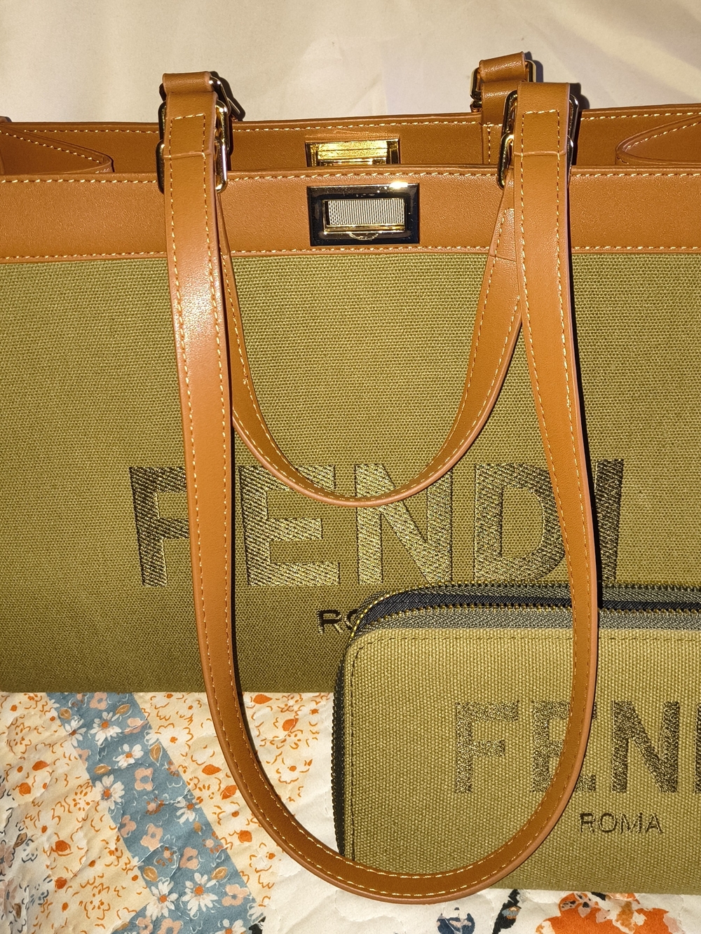 Tan and Olive Canvas Tote with Leather Trim With Matching Wallet